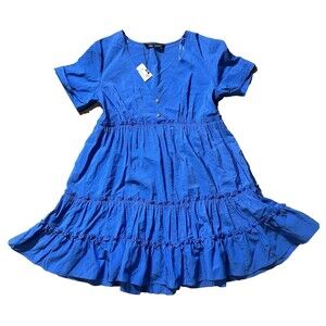 NWT Zara Womens Size Small Tiered Ruffle Mini Dress Bright Blue Embellished